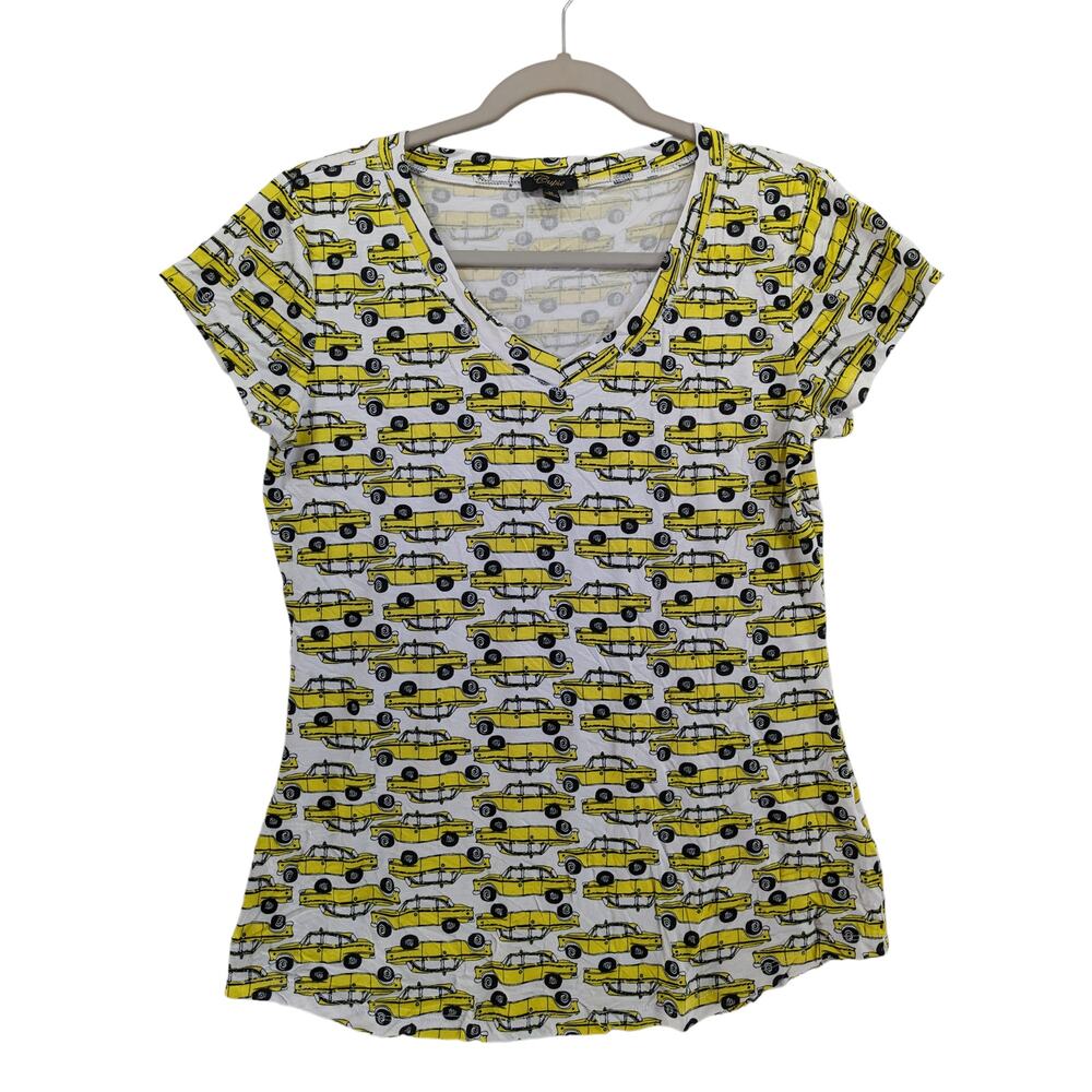 Cupio Taxi Cab Print Top M VNeck Novelty 90s Yellow Urban Retro New York TShirt